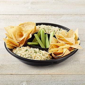 Spinach & Artichoke Dip Platter · Spinach, artichokes, Romano, sauteed onions & red bell peppers. Topped with Parmesan bread crumbs. Served with tortilla chips & salsa. Feeds 4-6