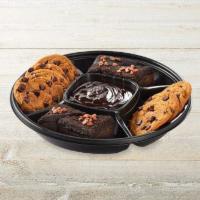 Dessert Platter - Small · Fudge Brownies topped with pecans & Chocolate Chip Cookies. Served with chocolate sauce.
