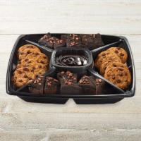 Dessert Platter - Large · Fudge Brownies topped with pecans & Chocolate Chip Cookies. Served with chocolate sauce.