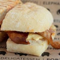Bacon Breakfast Sandwich · Eggs, bacon, cheddar, and Cholula sauce on ciabatta roll