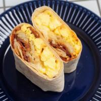 Bacon Breakfast Burrito · Eggs, bacon, potatoes, pepper jack, and Cholula sauce in a flour tortilla