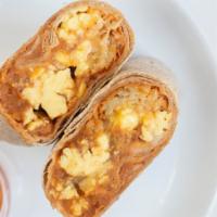 Bean & Chili Breakfast Burrito · (vegetarian) Eggs, green chilies, pinto beans, potatoes, pepper jack, and Cholula sauce in a...