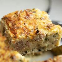 Sausage Frittata Slice · (wheat-free) Eggs, potatoes, sausage, cheddar, Swiss, scallions, and chives