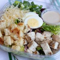 Chicken Caesar Salad · Romaine, chicken breast, hard-boiled egg, radicchio, croutons, and Parmesan with our Caesar ...