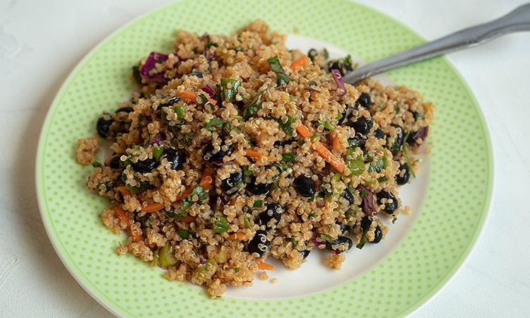 Quinoa & Black Bean Salad · (vegan, wheat-free, dairy-free) Quinoa, black beans, cabbage, carrots, cilantro and scallions in our smoky lime dressing