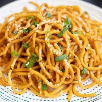 Sesame Noodles · (vegan, dairy-free) Noodles, soy sauce, sugar, garlic, ginger, red chili flakes, scallions, ...