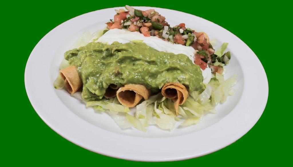 Chicken Flautas · Rolled Taquitos. 4 chicken rolled taquitos topped with sour cream, guacamole and pico de gallo salsa.