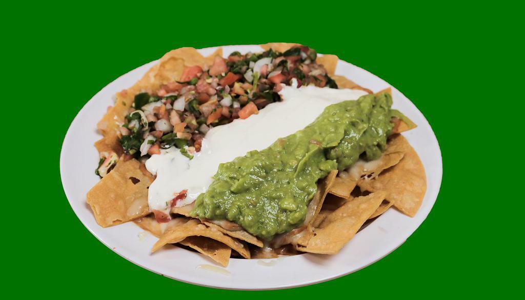 Vegetarian Nachos · Corn chips topped with refried beans and cheese, topped with sour cream, guacamole and pico de gallo salsa.
