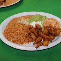Camarones Empanizados with Fries · Breaded shrimp with fries, lettuce and tomato.
