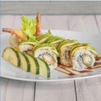 Green Dragon Roll · Avocado on top, shrimp tempura inside.