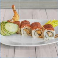 Red Dragon Roll · Rice outside, spicy tuna on top, shrimp tempura inside. Spicy.