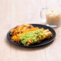 3 Piece Rolled Tacos Special · Chicken or beef with guacamole and cheese. Served with rice and beans and small drinks.