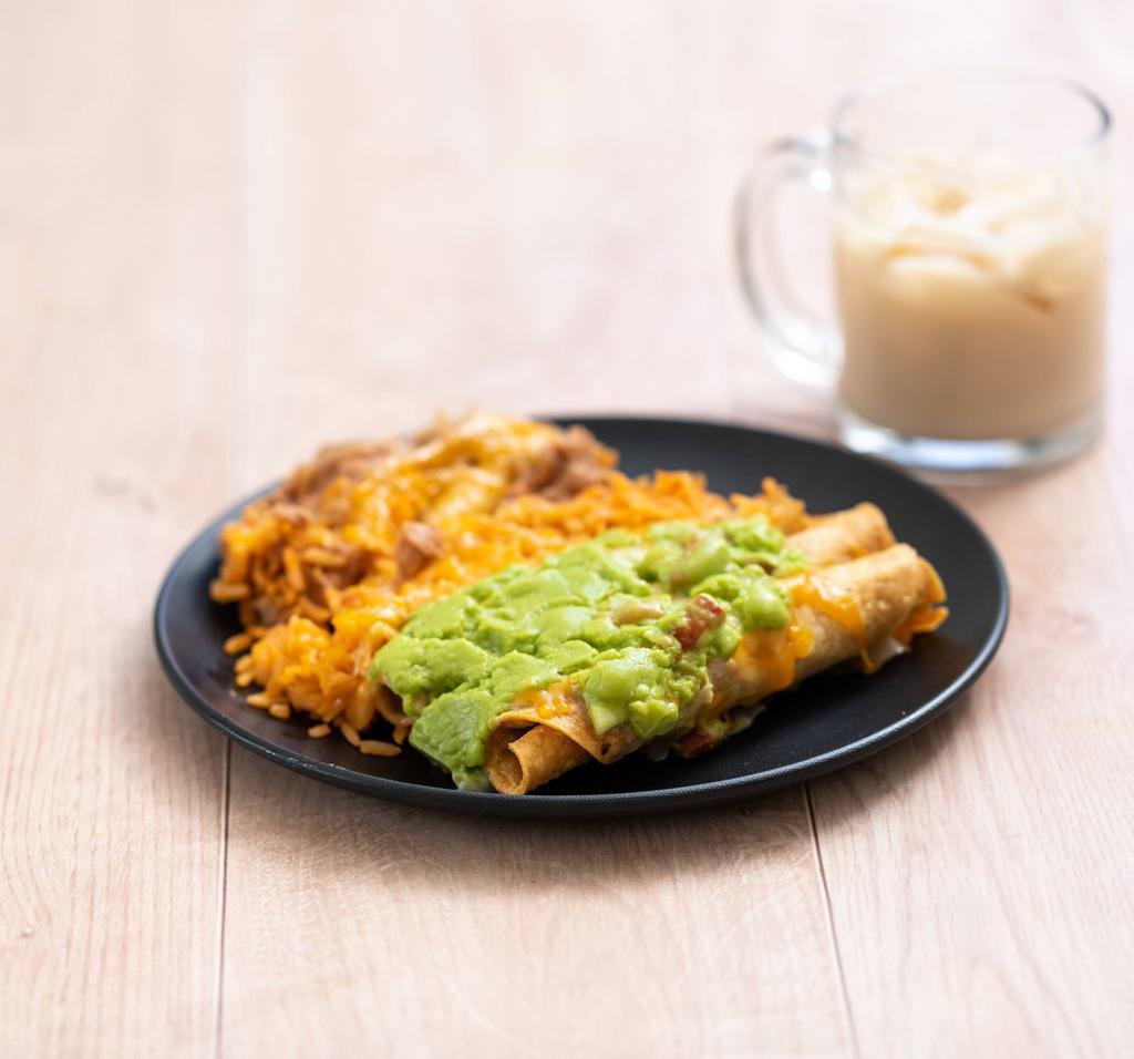 3 Piece Rolled Tacos Special · Chicken or beef with guacamole and cheese. Served with rice and beans and small drinks.
