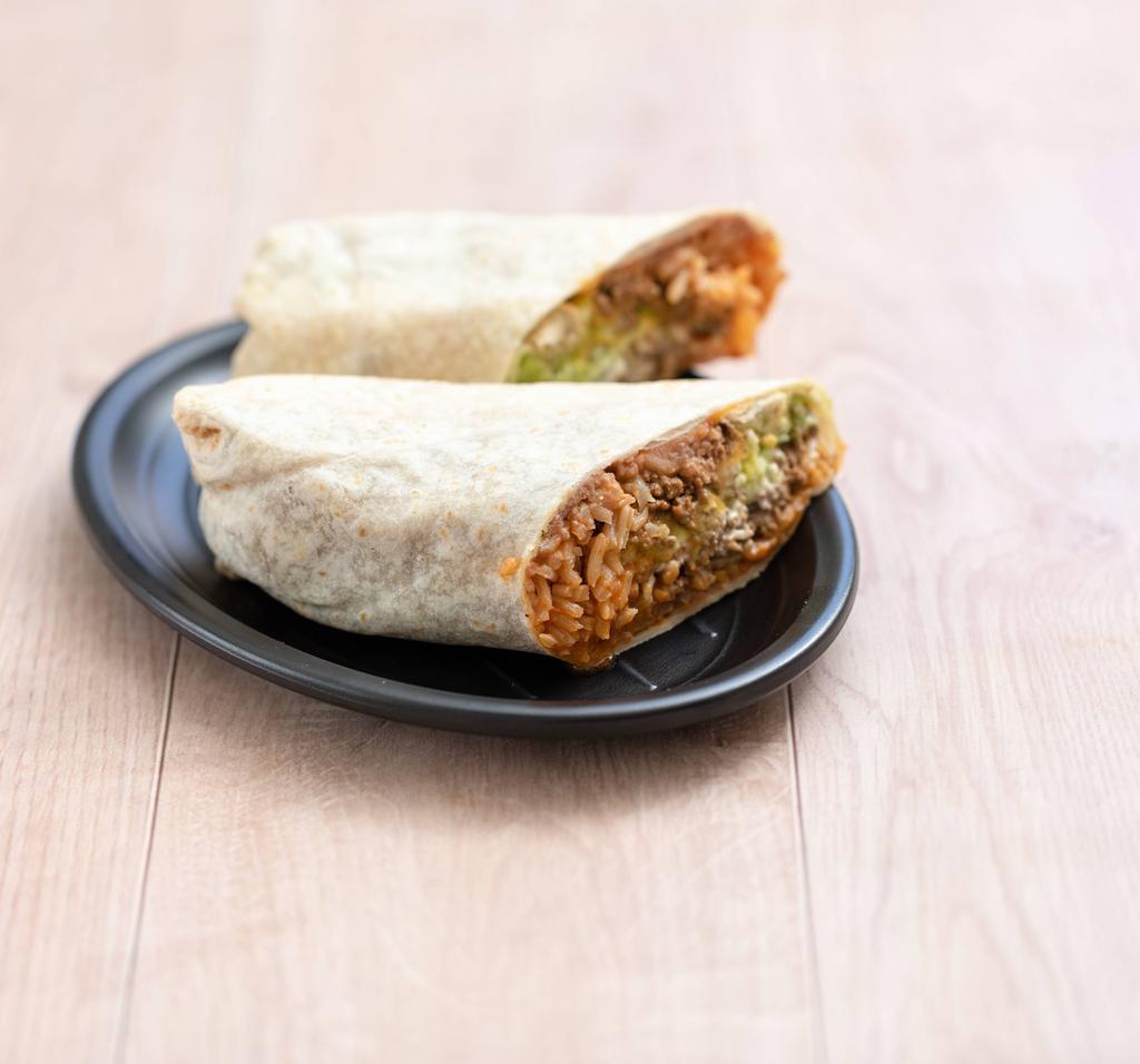 Super Burrito with Everything · Choice of protein, rice, beans, guacamole, sour cream and cheese.