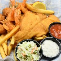 Shrimp And Fish · Golden jumbo shrimp and fish fillets with fries, coleslaw and hushpuppies.