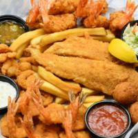 Shrimp & Seafood Ensemble · Crispy fried shrimp, coconut shrimp, popcorn shrimp, fish fillet, with fries, coleslaw and h...