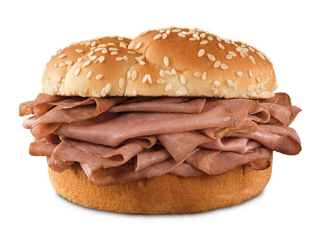 Roast Beef Double Sandwich · Two times the amount of signature roast beef than the Roast Beef Classic. Visit arbys.com for nutritional and allergen information.
