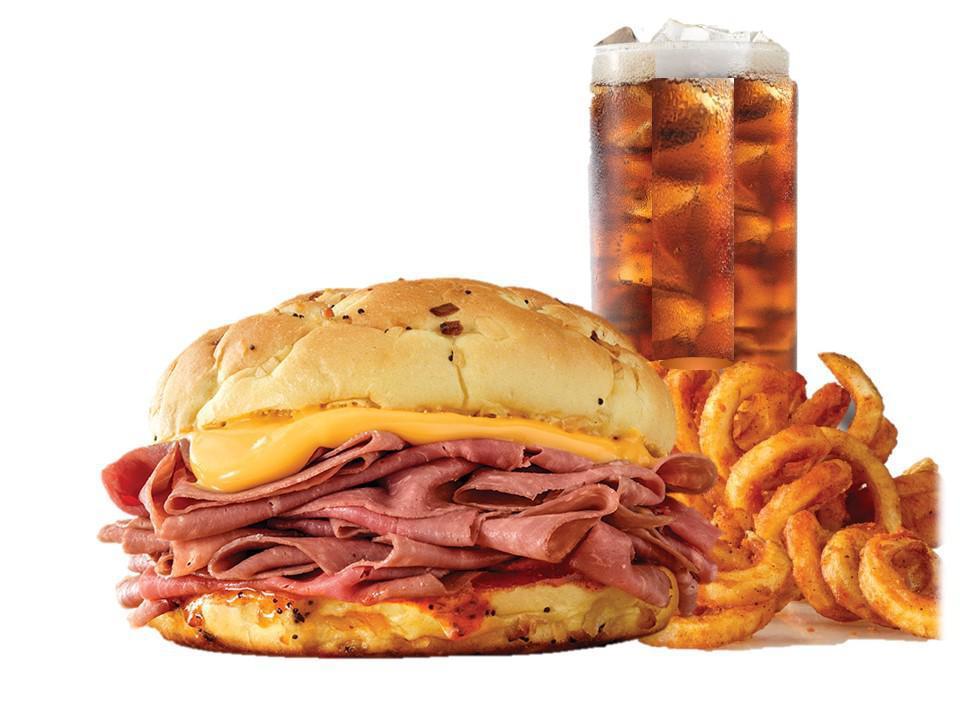 Classic Beef 'N Cheddar Meal · Served with choice of side and drink. People said there was no way Arby's beef n cheddar sandwich could get even better. We took our famous roast beef, topped it with Cheddar cheese sauce and zesty Red Ranch and served it on a toasted onion roll. And then we said 