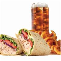 Roast Turkey & Swiss  Wrap Meal · Served with choice of side and drink. Oven-roasted turkey, ripe tomatoes, lettuce, thinly sl...