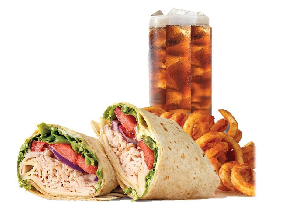 Roast Turkey & Swiss  Wrap Meal · Served with choice of side and drink. Oven-roasted turkey, ripe tomatoes, lettuce, thinly sliced red onions, Swiss Cheese,, mayo and spicy brown honey mustard. Together they make the Roast Turkey & Swiss wrap, the wrap roast turkey was made to go on.