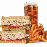 Roast Turkey & Swiss Sandwich Meal · Served with choice of side and drink. Oven-roasted turkey, ripe tomatoes, lettuce, thinly sl...