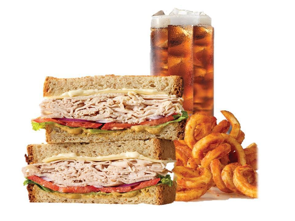 Roast Turkey & Swiss Sandwich Meal · Served with choice of side and drink. Oven-roasted turkey, ripe tomatoes, lettuce, thinly sliced red onions, Swiss Cheese, mayo and spicy brown honey mustard. Together they make the Roast Turkey & Swiss sandwich, the sandwich roast turkey was made to go on.