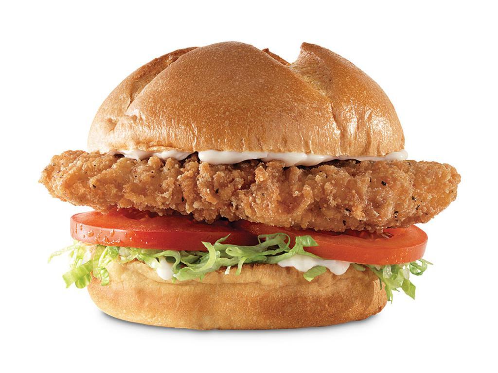 Buttermilk Crispy Chicken Sandwich · A crispy buttermilk chicken fillet with lettuce, tomato and mayo on a star top bun. Visit arbys.com for nutritional and allergen information.