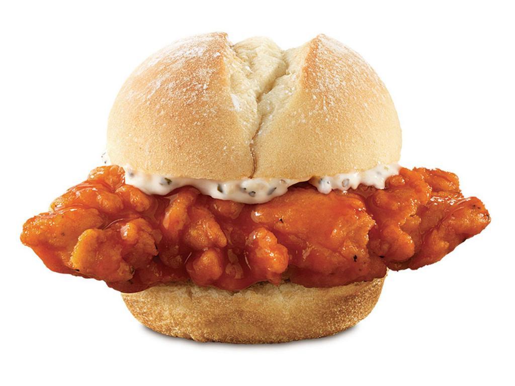 Buffalo Chicken Slider · A crispy chicken tender dipped in spicy buffalo sauce with creamy ranch sauce on a soft slider style bun. Visit arbys.com for nutritional and allergen information.