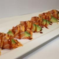 Love Love Roll · Spicy crab meat, sliced avocado wrapped in fresh salmon with spicy mayo and eel sauce.