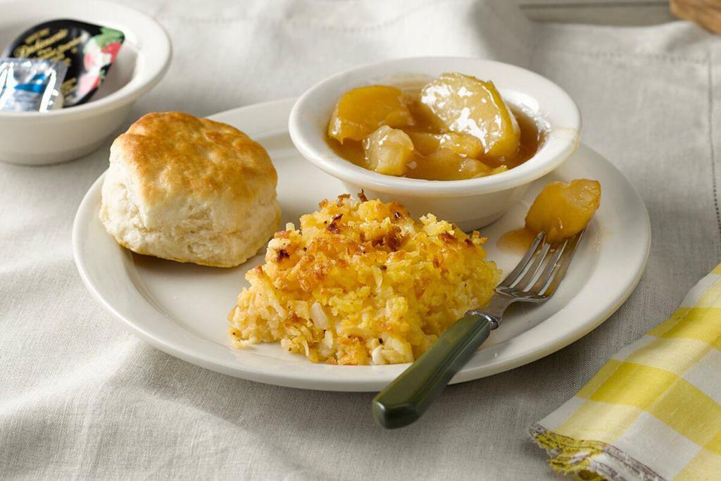 Hashbrown Casserole, Fried Apples n' Biscuit · Enjoy Hasbrown Casserole and Fried Apples served with a Buttermilk Biscuit with butter and preserves.


