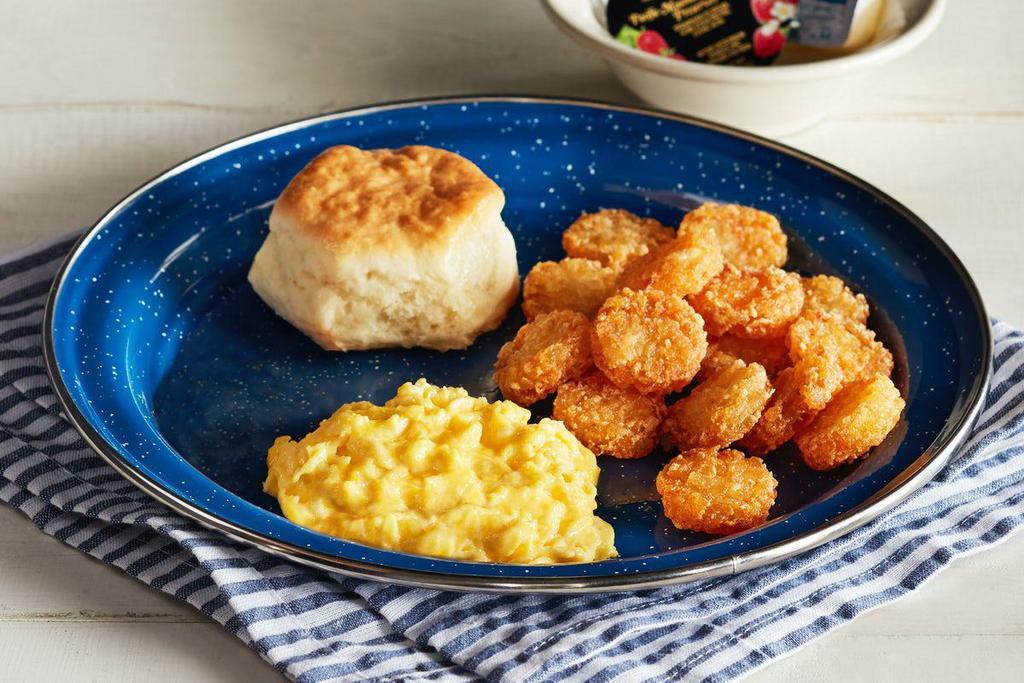Scrambled Egg n’ Biscuit · One biscuit (160 cal) with butter and jelly plus scrambled egg (70 cal) and a side of Tater Rounds (170 cal).

