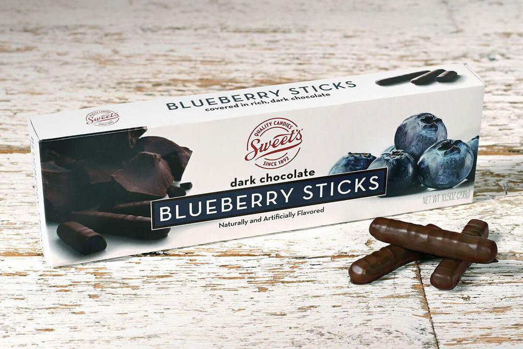 Dark Chocolate Blueberry Sticks · Dark Chocolate and blueberries, it’s the perfect combination. Enjoy blueberry jelly centers blanketed in dark chocolate. Each 10.5 oz box includes approximately 38 sticks for you to enjoy. 