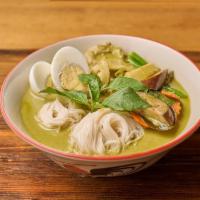 🌶 Ka Nom Jeen Gang Keaw Wan · Thai pasta with homemade fish ball, eggplant, basil leaves, boiled egg and coconut milk with...