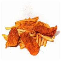 Spicy Strips(3) with Fries · spicy 3 pieces chicken strips with fries come with 1 complimentary sauce.