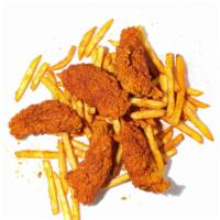 Spicy Strips(5) with Fries · spicy 5 pieces chicken strips with fries come with 2 complimentary sauces.