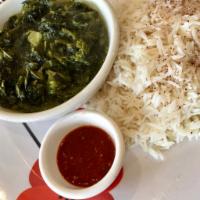 Sabzi Challow · Delicious sauteed spinach served with white basmati rice. Vegetarian.
