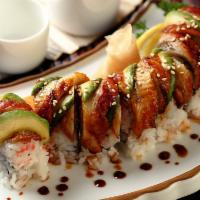Unagi Dragon Roll · Inside shrimp tempura, crab meat, cucumber, avocado, and ground spicy tuna, outside baked fr...
