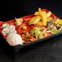 Chicken Teriyaki Bento · Served with salad, steamed rice, 4pc cali roll, mixed tempura & miso soup