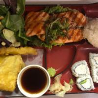 Salmon Bento · Served with salad, steamed rice, 4pc cali roll, mixed tempura & miso soup