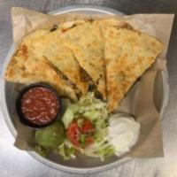 Grilled Vegetable & Black Bean Quesadilla · Tortilla, onions, peppers, Pepper Jack cheese with pico de gallo, lettuce, guacamole, sour c...
