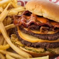 Chattahoochee · Two juicy 4 oz patties with bacon, smoked Gouda, bourbon cola onions, fried pickles and smok...