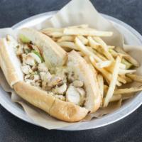 South Street Philly Chicken Sandwich · Swiss, American, onions, peppers, toasted Egelman's hoagie roll.