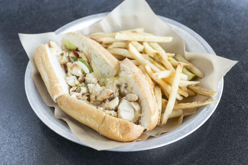 South Street Philly Chicken Sandwich · Swiss, American, onions, peppers, toasted Egelman's hoagie roll.