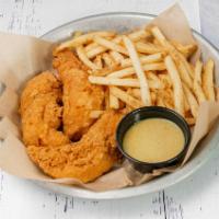 Fried Chicken Tenders (3) · Double battered tenders served with a tangy honey mustard or BBQ sauce, classic side.
