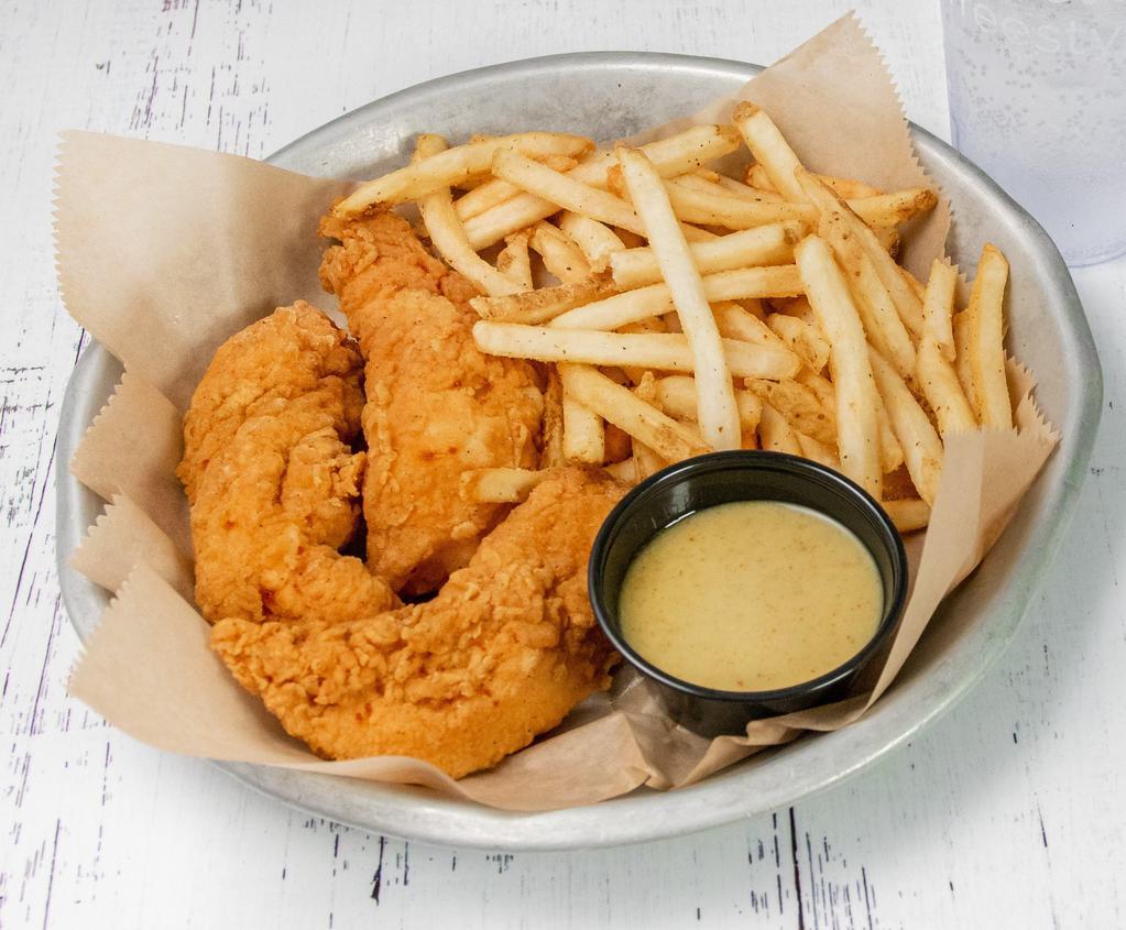 Fried Chicken Tenders (3) · Double battered tenders served with a tangy honey mustard or BBQ sauce, classic side.