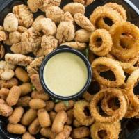 Triple Play Tray PP · A combination of three Taco Mac favorites: Boneless Wings, Mini Corn Dogs, Tater Tots with h...