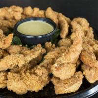 Fried Chicken Tenders PP · Double battered tenders with a tangy honey mustard or BBQ sauce. Serves 6 to 8 people.