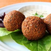 3 Piece Falafel · 3 pieces. Falafel is a mixture of grounded chickpea, fava beans, onions, parsley, garlic, ci...