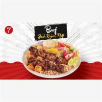 Beef Shish Kabob Plate- # 7 · Beef shish kabob plate is a tender marinated top sirloin, with our traditional Lebanese Medi...