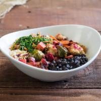 Seasonal Roasted Veggie Bowl · Roasted veggies: organic carrots, organic beets, organic yams, organic Brussels sprouts, org...